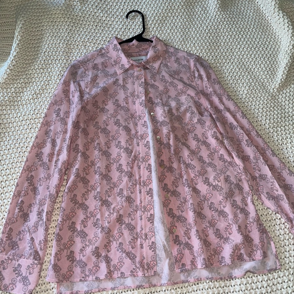 Coach Silk Pink Equestrian Print Button Down Shirt